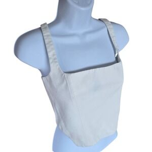 Scanlan Theodore Corset Crop Top Women 4‎ Creme White Denim Square Neck Modern
